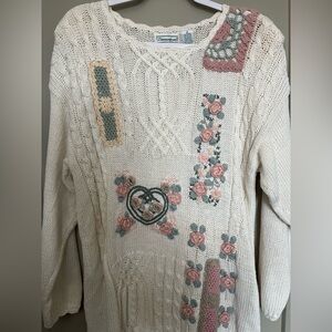 Vintage Pastel Floral Appliqué Cable Knit Sweater